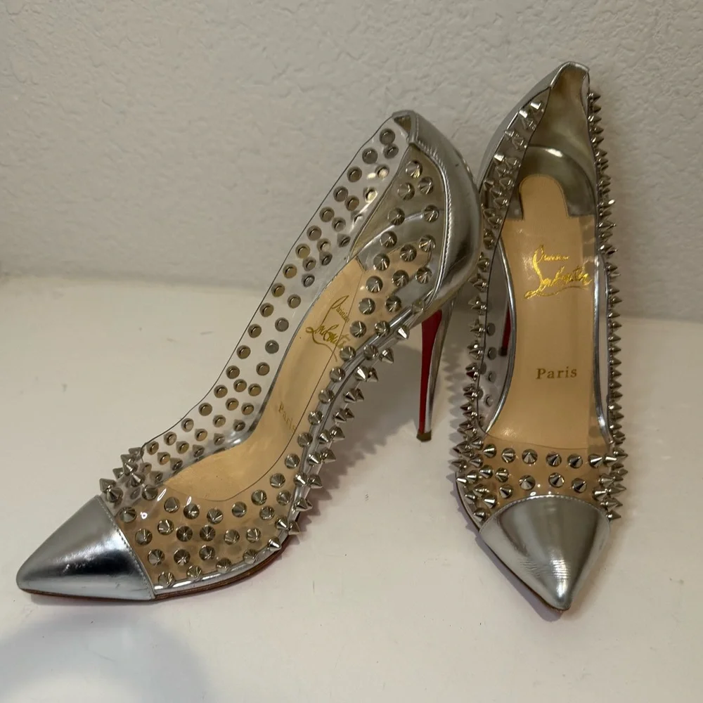 Christian Louboutin Metallic Silver Gloss Clear PVC Spike Me 100 Pumps Size 39